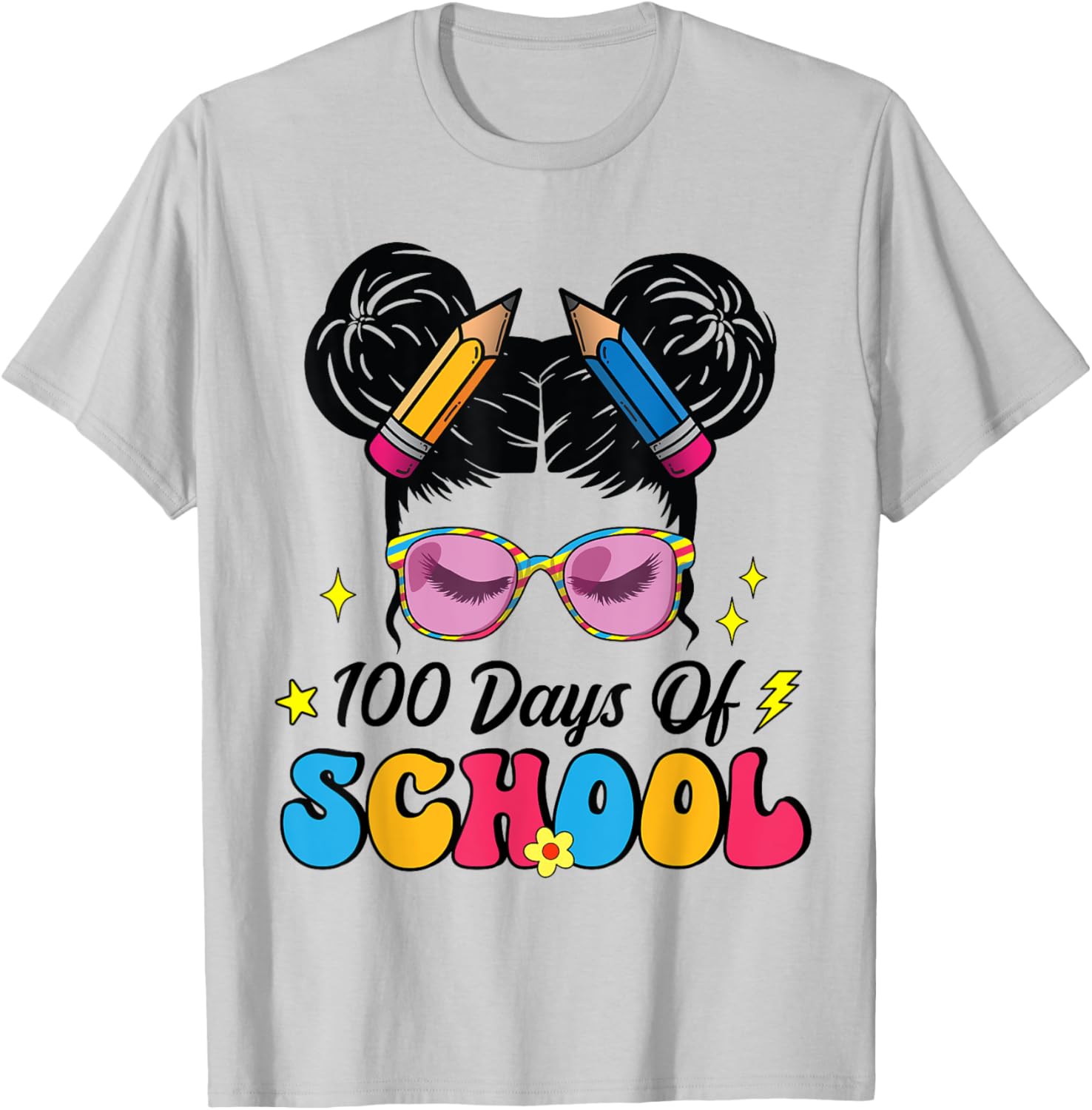 100 Days of School Messy Bun Girl T-Shirt for Kids Celebrating Milestone - 5