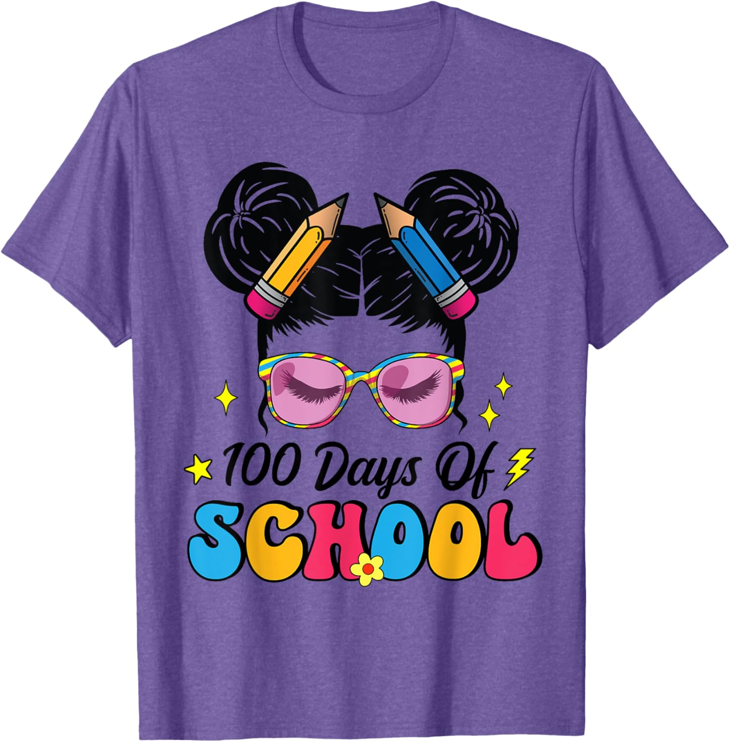100 Days of School Messy Bun Girl T-Shirt for Kids Celebrating Milestone - 8