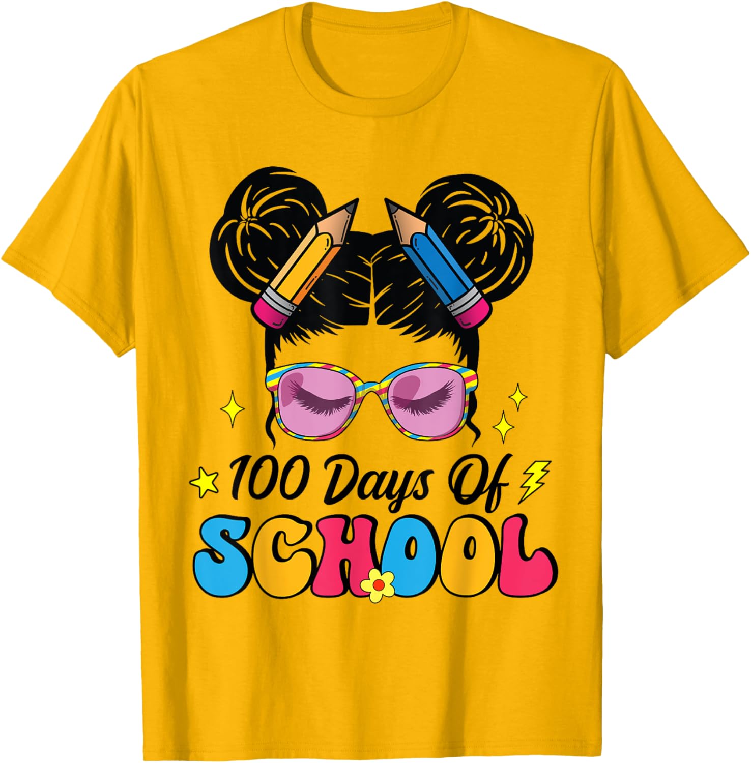 100 Days of School Messy Bun Girl T-Shirt for Kids Celebrating Milestone - 12
