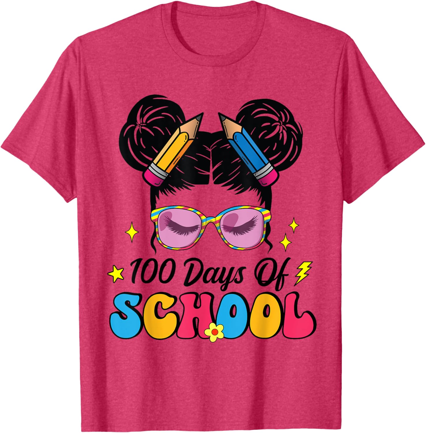 100 Days of School Messy Bun Girl T-Shirt for Kids Celebrating Milestone - 22