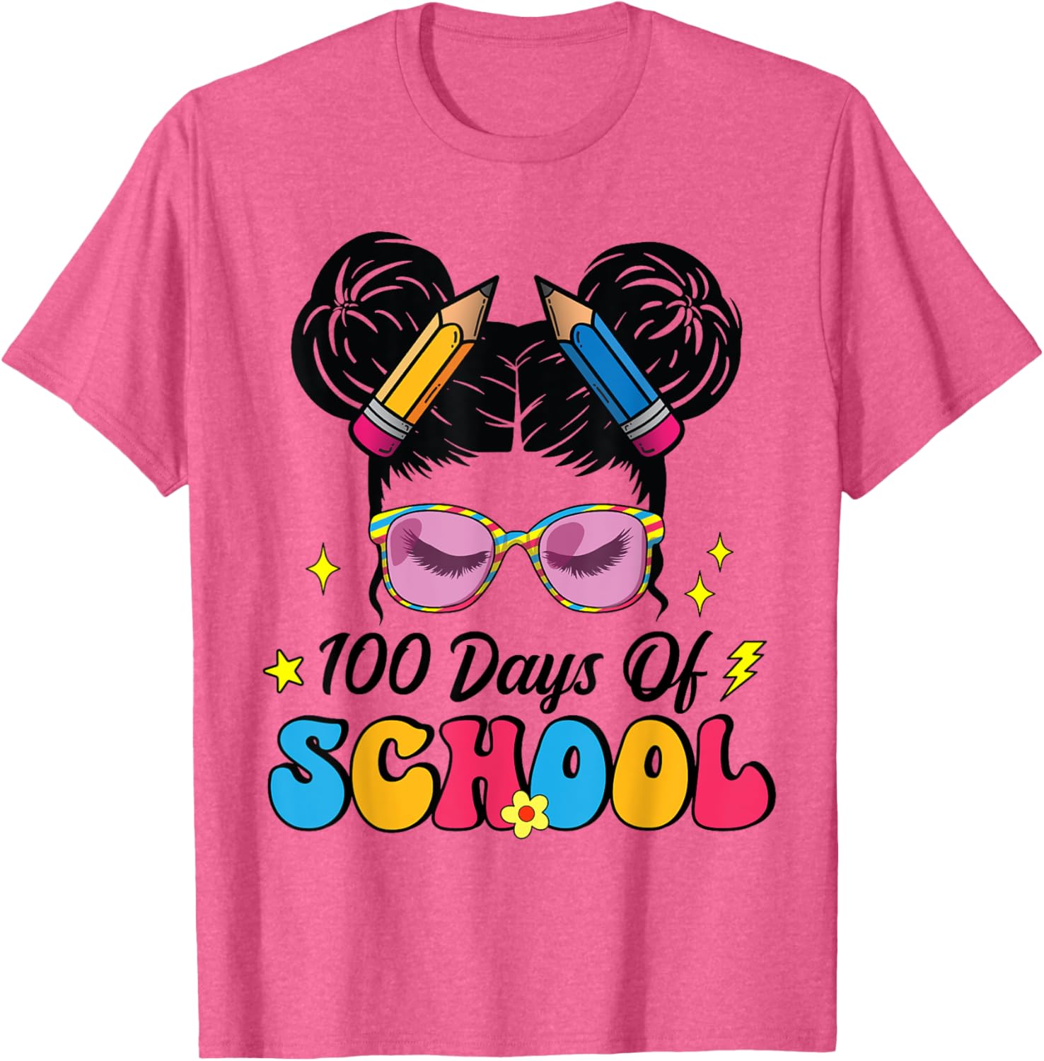 100 Days of School Messy Bun Girl T-Shirt for Kids Celebrating Milestone - 11