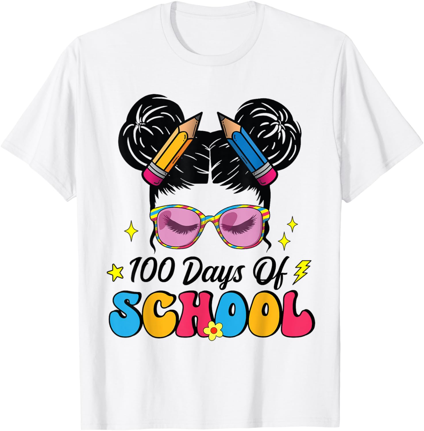 100 Days of School Messy Bun Girl T-Shirt for Kids Celebrating Milestone - 10