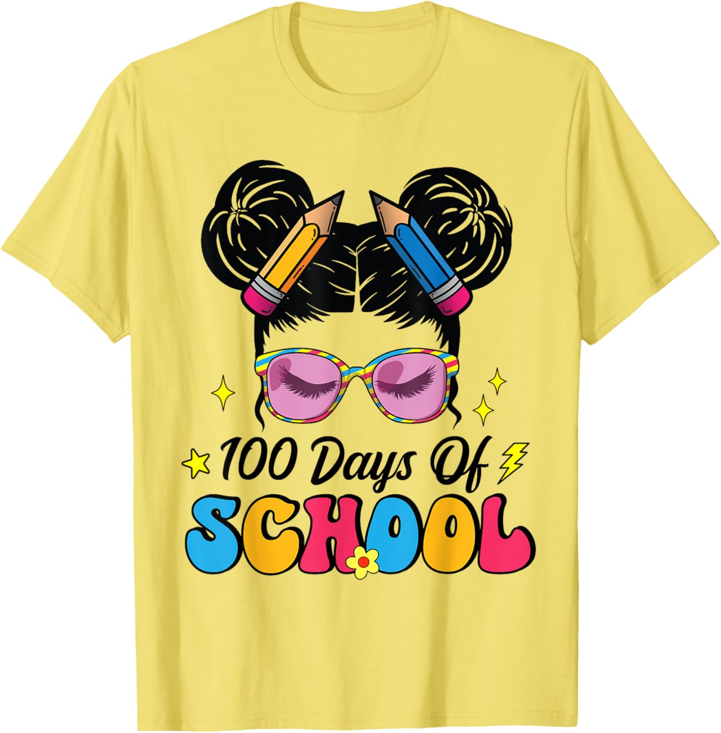 100 Days of School Messy Bun Girl T-Shirt for Kids Celebrating Milestone - 4