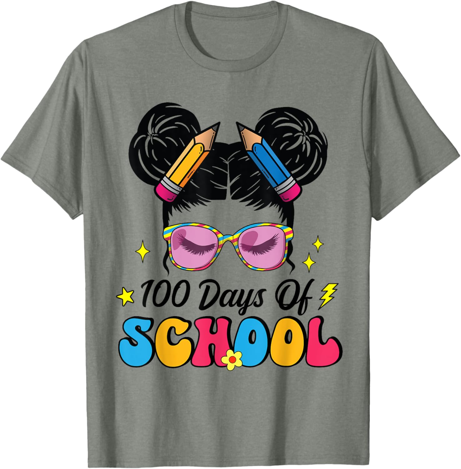 100 Days of School Messy Bun Girl T-Shirt for Kids Celebrating Milestone - 3