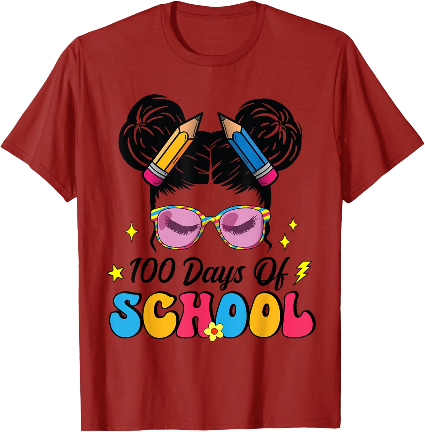 100 Days of School Messy Bun Girl T-Shirt for Kids Celebrating Milestone - 16