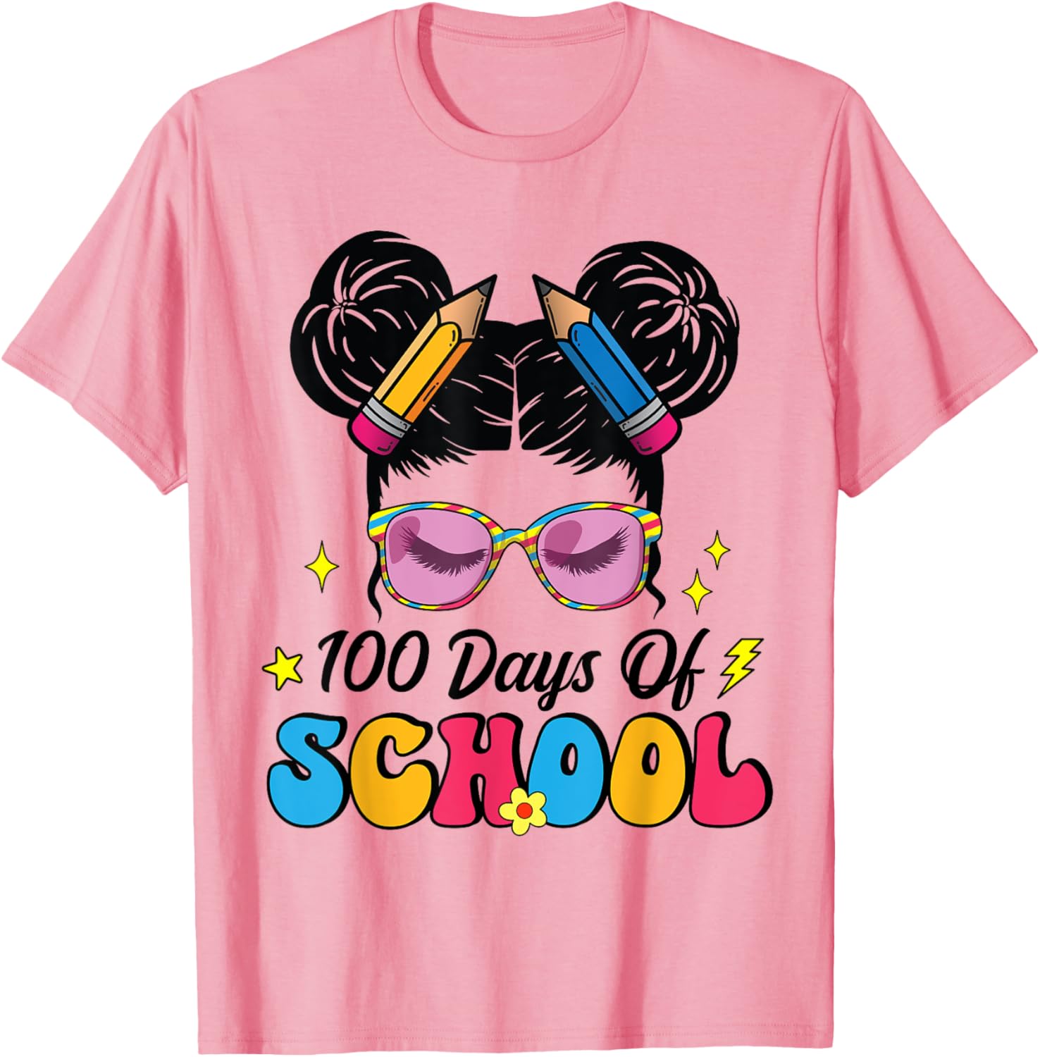 100 Days of School Messy Bun Girl T-Shirt for Kids Celebrating Milestone - 15