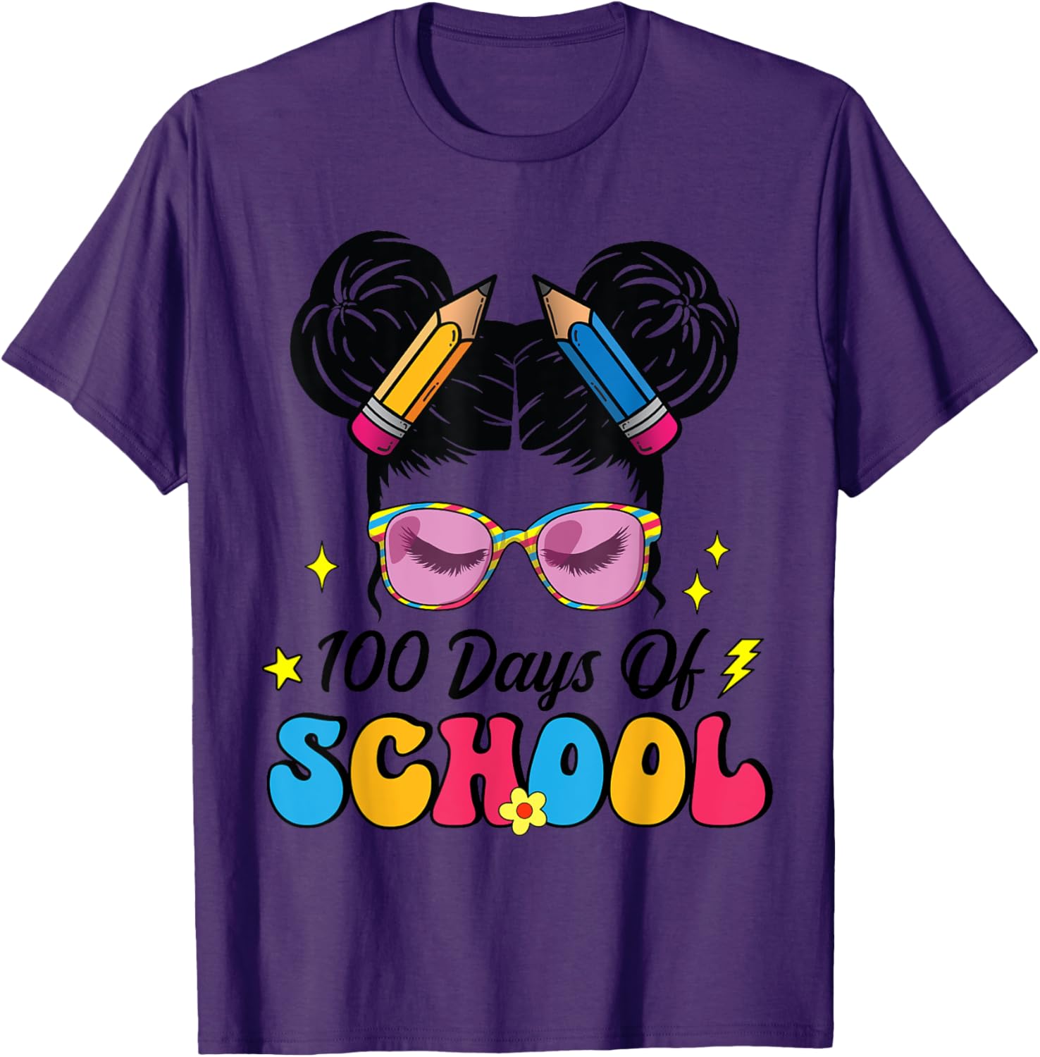 100 Days of School Messy Bun Girl T-Shirt for Kids Celebrating Milestone - 19