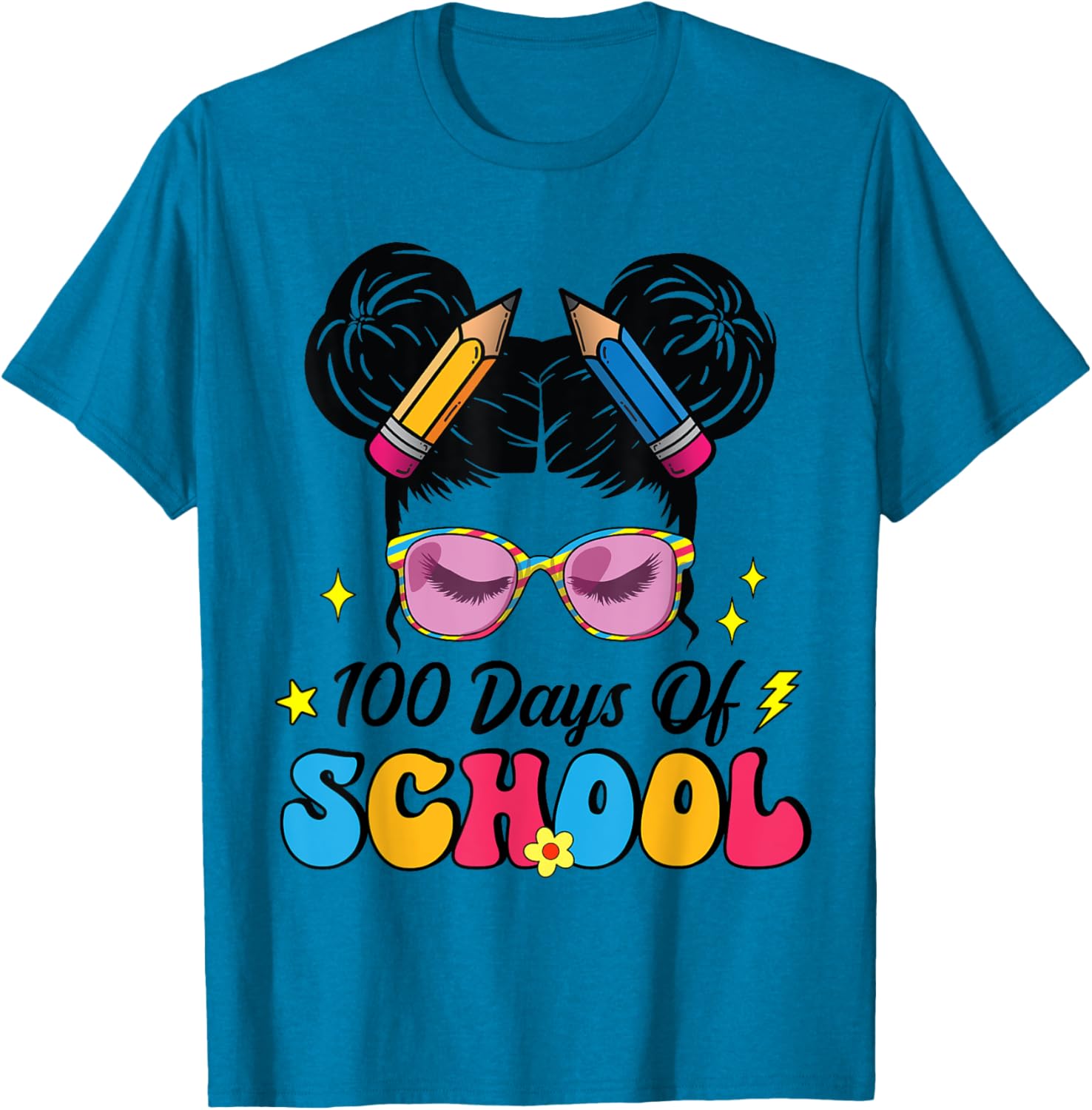 100 Days of School Messy Bun Girl T-Shirt for Kids Celebrating Milestone - 14