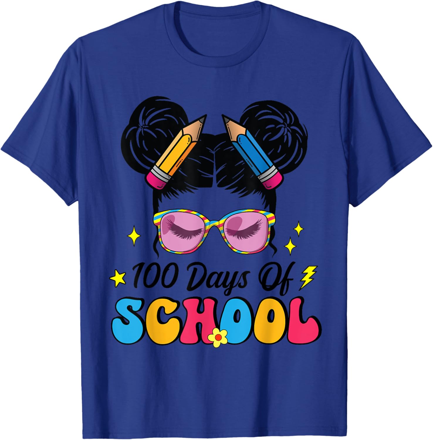 100 Days of School Messy Bun Girl T-Shirt for Kids Celebrating Milestone - 17