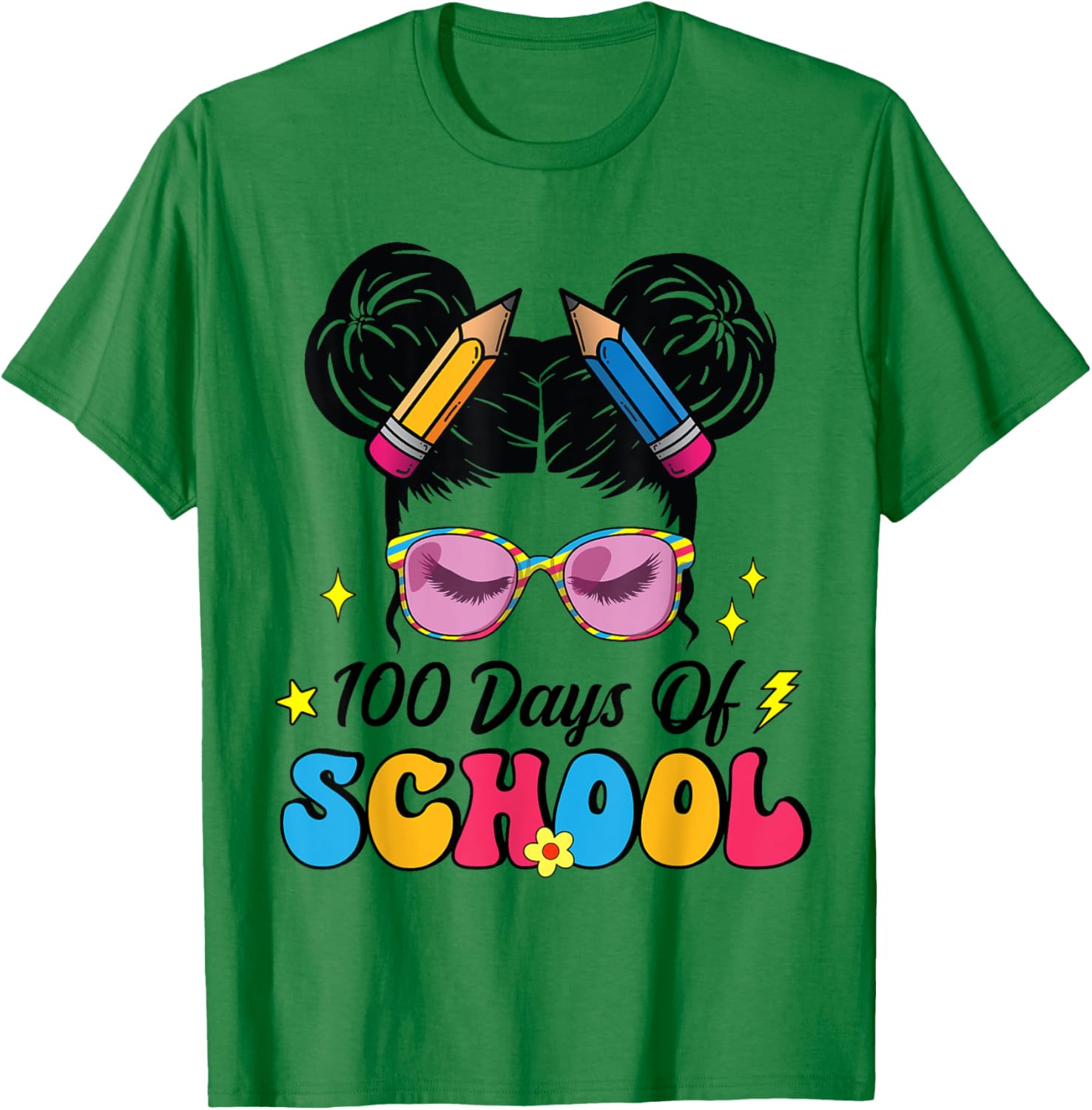 100 Days of School Messy Bun Girl T-Shirt for Kids Celebrating Milestone - 18