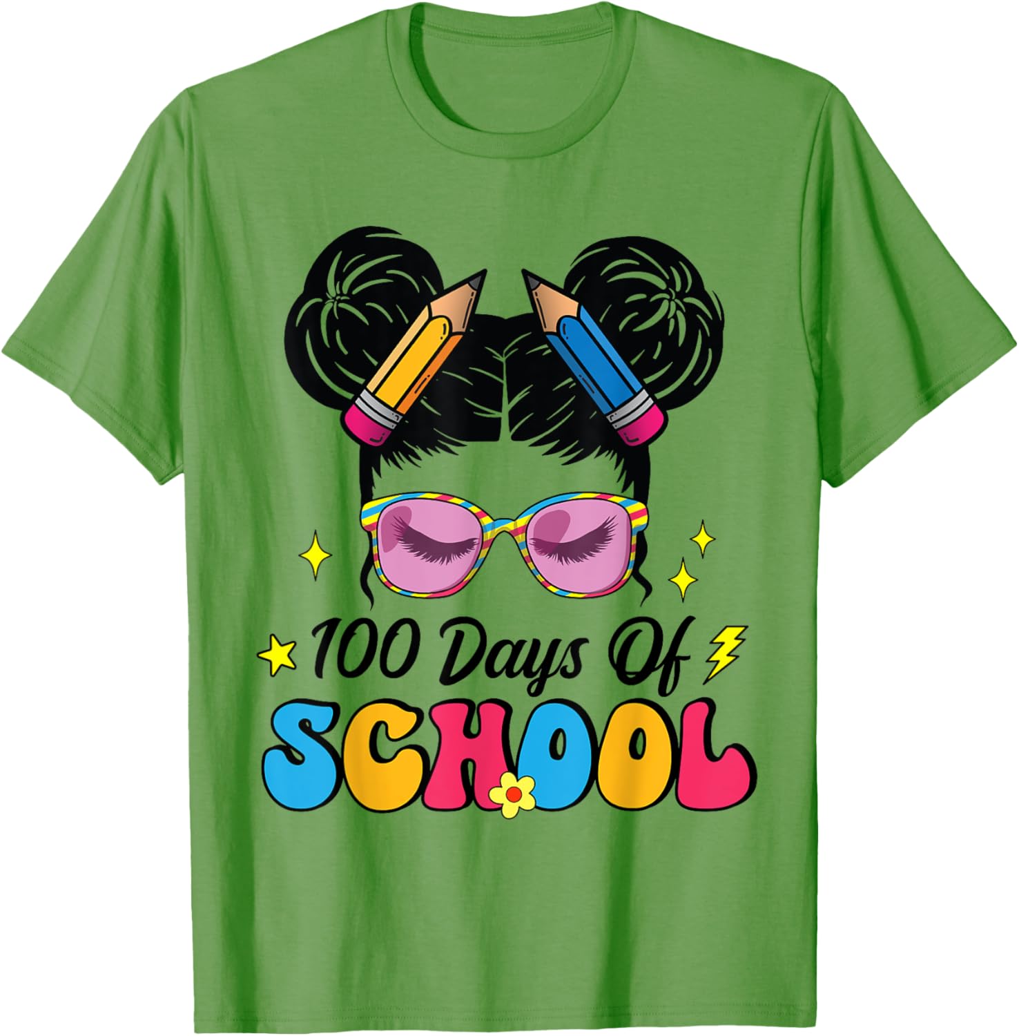 100 Days of School Messy Bun Girl T-Shirt for Kids Celebrating Milestone - 1