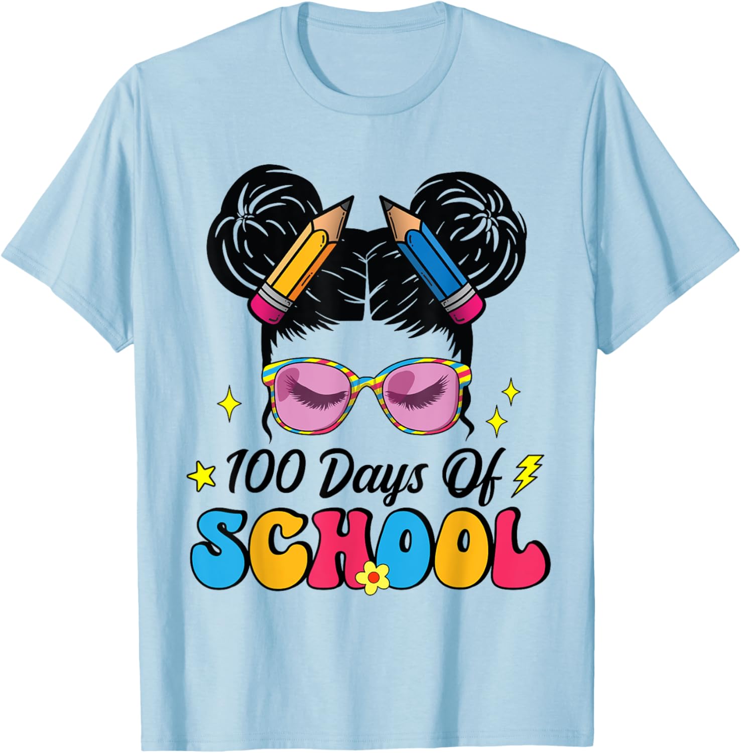 100 Days of School Messy Bun Girl T-Shirt for Kids Celebrating Milestone - 20