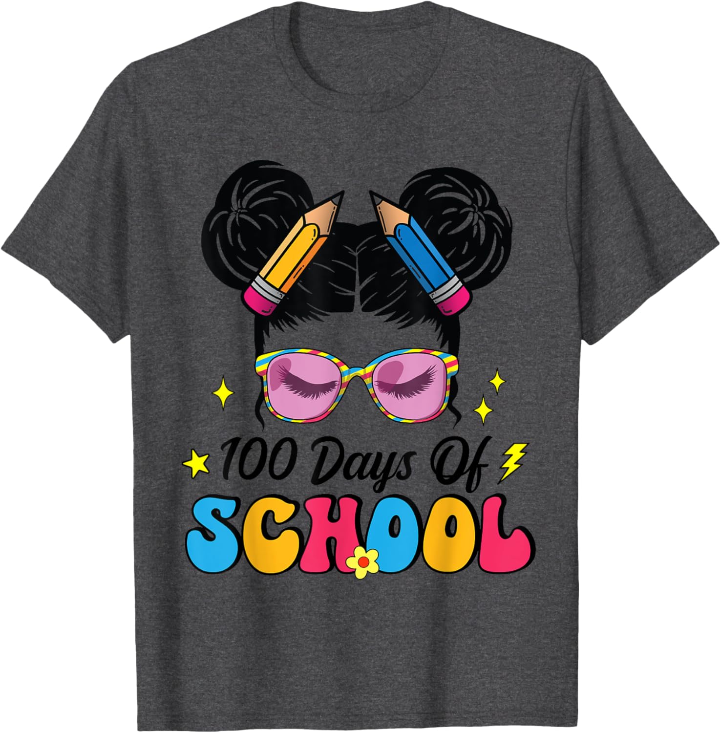 100 Days of School Messy Bun Girl T-Shirt for Kids Celebrating Milestone - 21