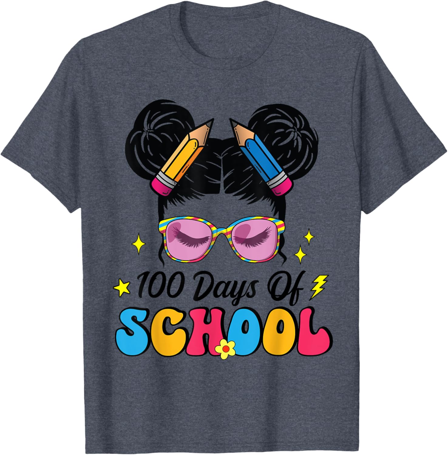 100 Days of School Messy Bun Girl T-Shirt for Kids Celebrating Milestone - 6