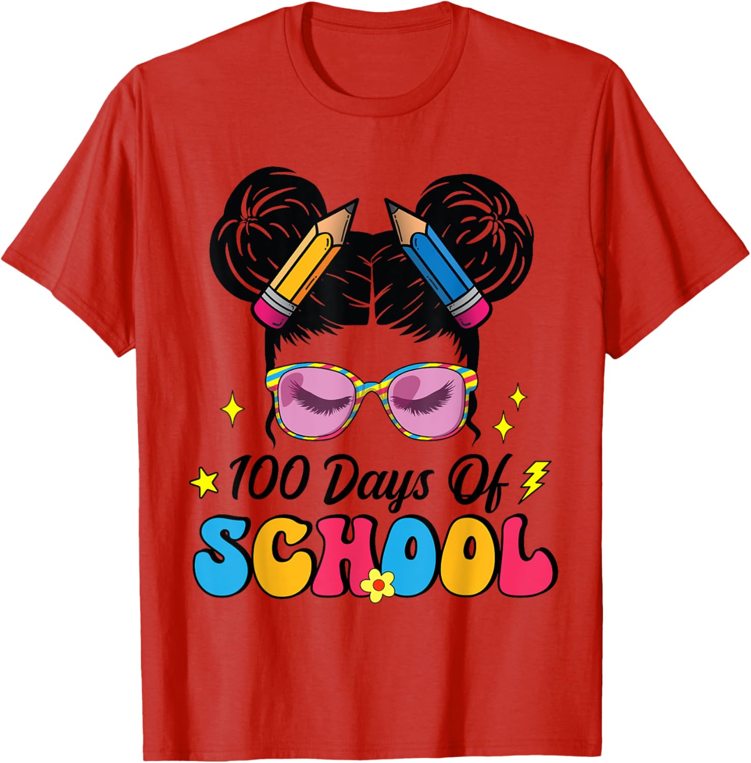 100 Days of School Messy Bun Girl T-Shirt for Kids Celebrating Milestone - 7