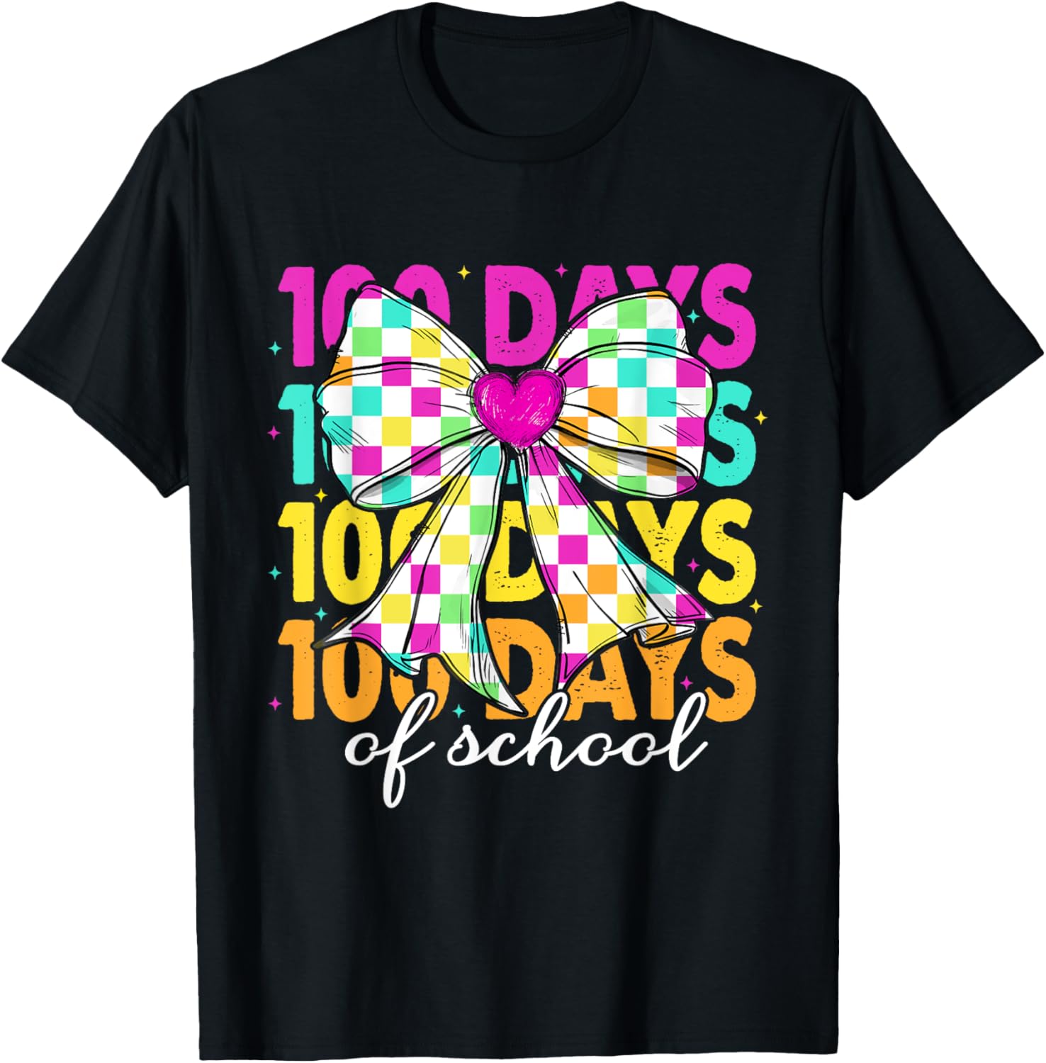 100 Days of School Checkered Bow Teacher T-Shirt for 100th Day Celebration - 1