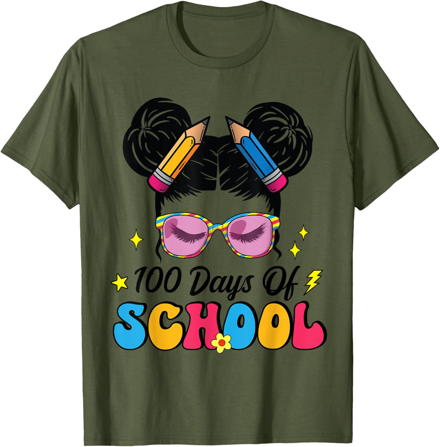 100 Days of School Messy Bun Girl T-Shirt for Kids Celebrating Milestone - 2