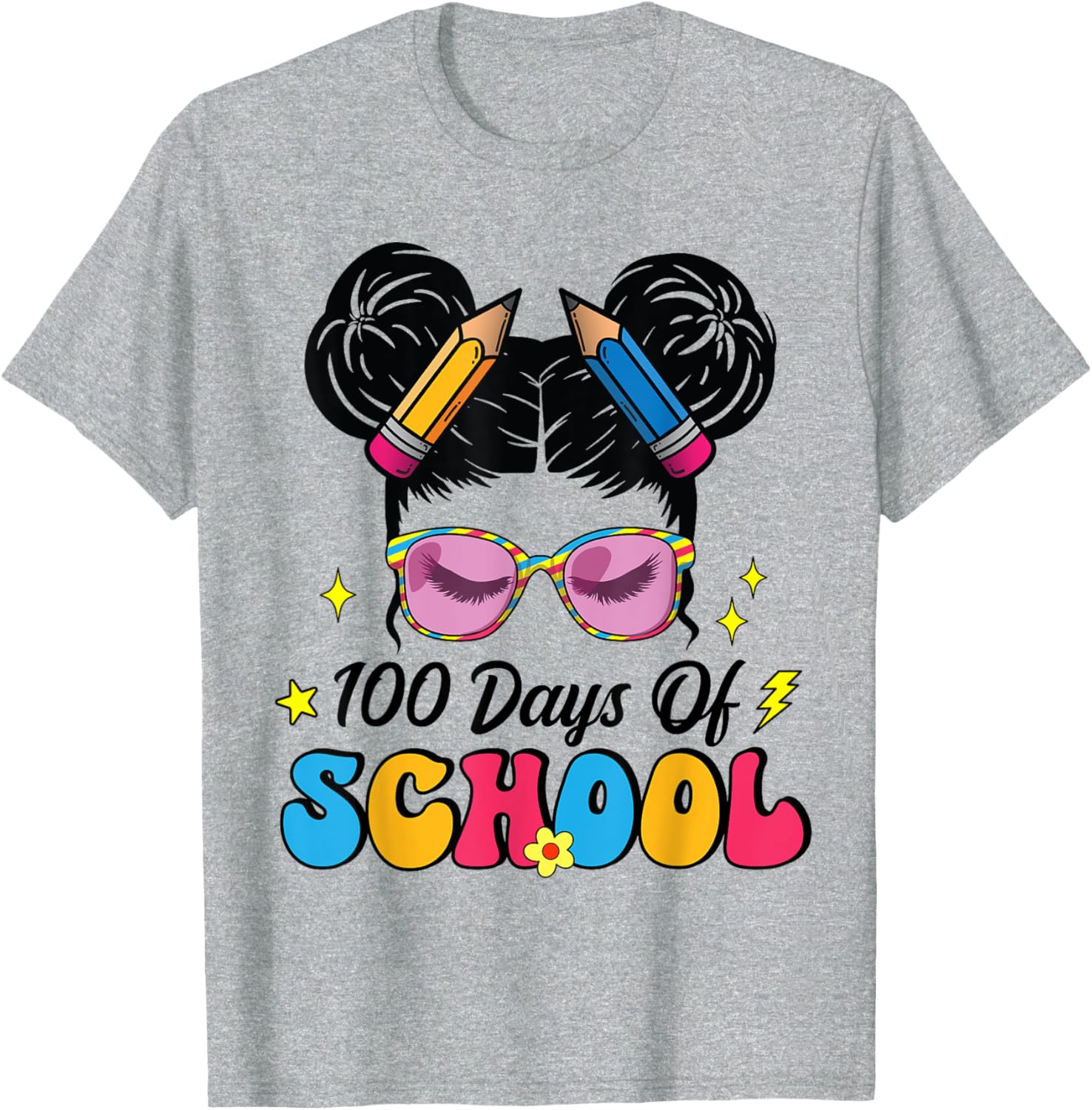 100 Days of School Messy Bun Girl T-Shirt for Kids Celebrating Milestone - 9